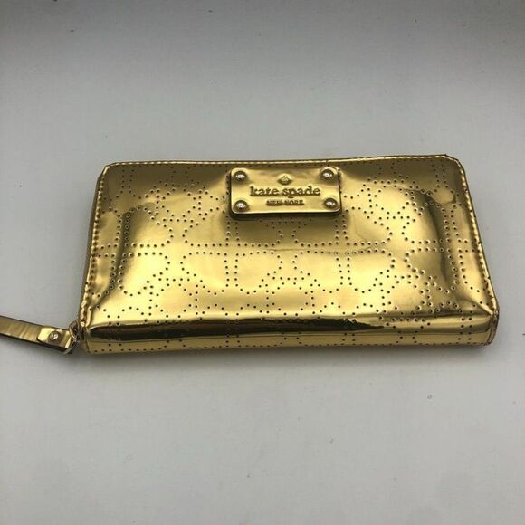 Kate Spade Womens Wallet Zip Around Shiny Metallic Gold‎ Heart Print - Picture 1 of 10